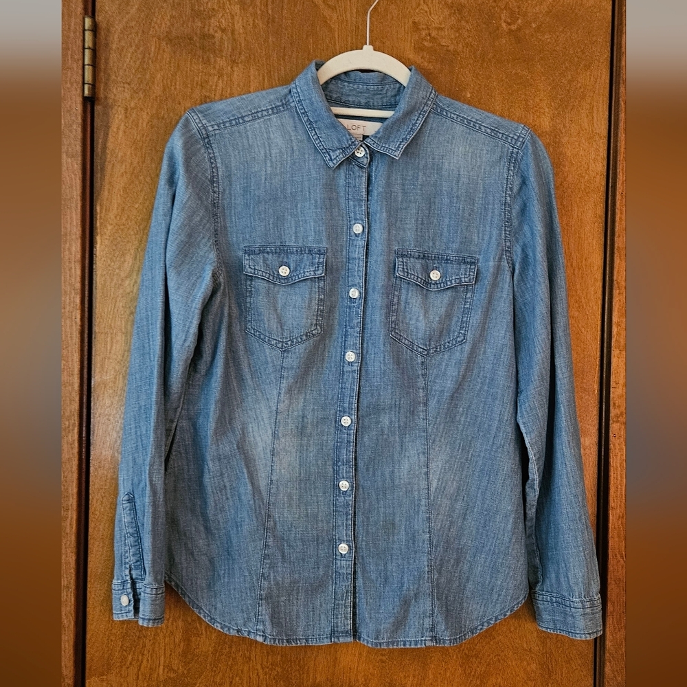 LOFT Petite Distressed Denim Button Down Top
